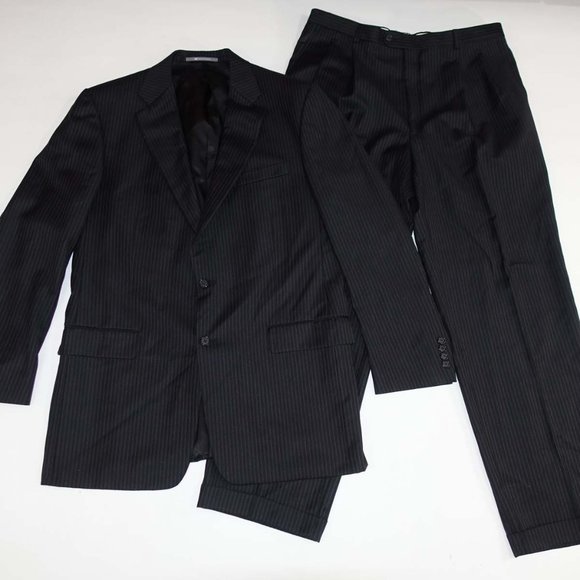 Hickey Freeman Men's 2 Button Suit Size 42 Long 36 x 30 Black 100% Wool Striped